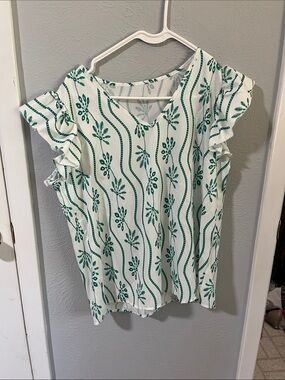 SHEIN White Top with Green Floral Stripe and Ruffle Sleeves
